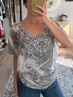 Espresso Cream and Brown Paisley Flutter Sleeve Top